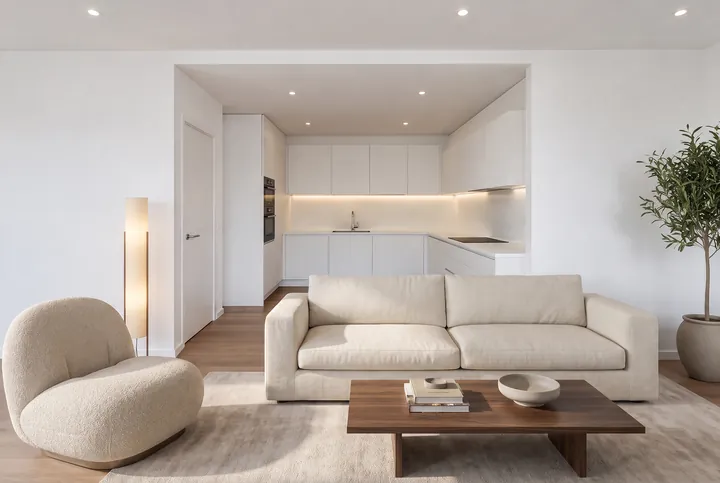 Wohnraum mit Sofa und offener weißer Küche