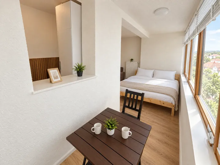 Essplatz und Doppelbett entlang der breiten Fensterfront