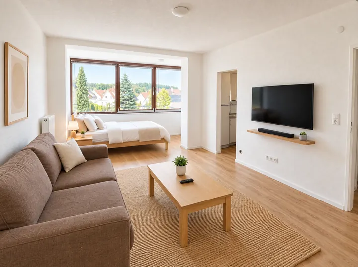 Wohnbereich mit Sofa und Fernseher, im Hintergrund das Bett am Fenster