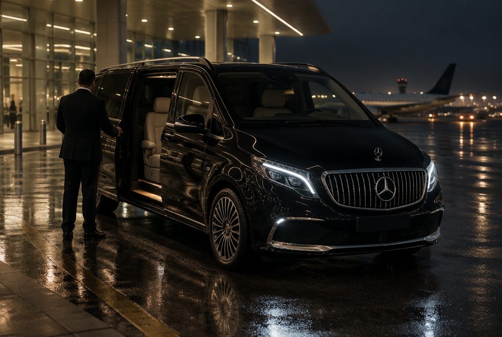 Maybach V-Klasse nachts vor dem Terminal, der Fahrer hält die Schiebetür auf